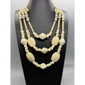 Vintage Multi Strand Glass and Stone Bead Statement 17"  Necklace Cream Heavy